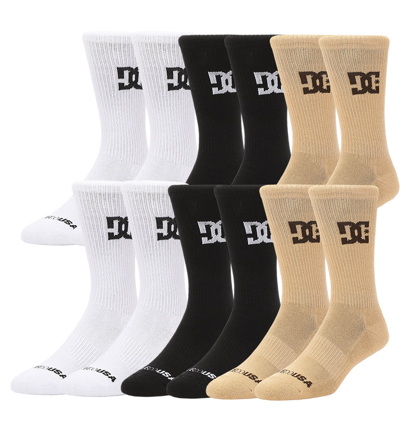 The DC Shoes Crew Socks 6-Pack features comfortable crew socks in white, black, and beige, each with the DC logo on the side and DC USA text on the toes.