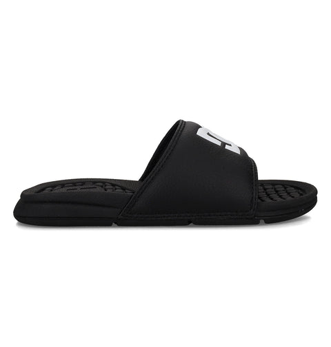The Kids' Bolsa Slides by DC Shoes feature a black design with a thick strap showcasing white lettering, plus a textured, cushioned footbed for all-day comfort—stylish and easy slides perfect for kids.