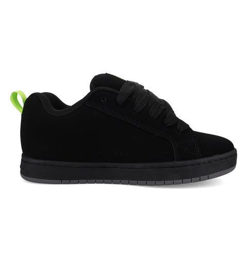 The Men's Court Graffik Shoes by DC Shoes feature a black low-top design with a puffy silhouette, black laces and sole, plus a bright green heel pull tab, shown in side profile on a white background.
