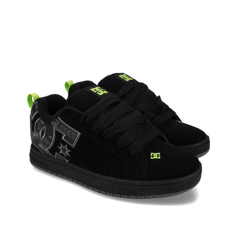 A pair of DC Shoes Men's Court Graffik skate shoes in black, featuring a puffy silhouette, thick black laces, green DC logos, gray graphics, black soles, and bold green accents on the tongue and heel.