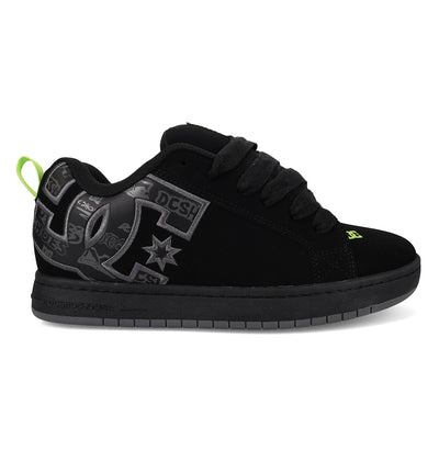 The DC Shoes Men's Court Graffik features a puffy black silhouette with a large gray DC logo, graphic side details, black laces and sole, plus a standout bright green heel pull tab.