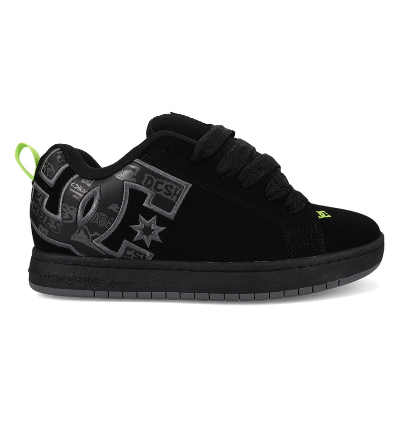 The DC Shoes Men's Court Graffik features a puffy black silhouette with a large gray DC logo, graphic side details, black laces and sole, plus a standout bright green heel pull tab.