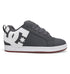 A gray and white men’s skate shoe from DC Shoes’ Court Graffik line, featuring a prominent white DC logo on the side, gray laces, and a white sole with a red-brown bottom.