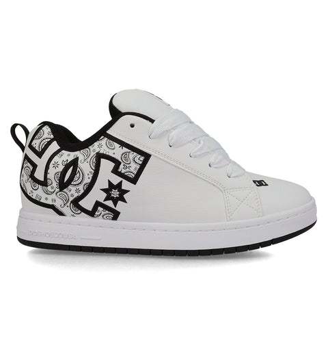 The Men's Court Graffik Shoes by DC Shoes feature a puffy silhouette, black and white paisley pattern on the large DC logo, black interior lining, white laces, and a thick white sole with a black outsole.