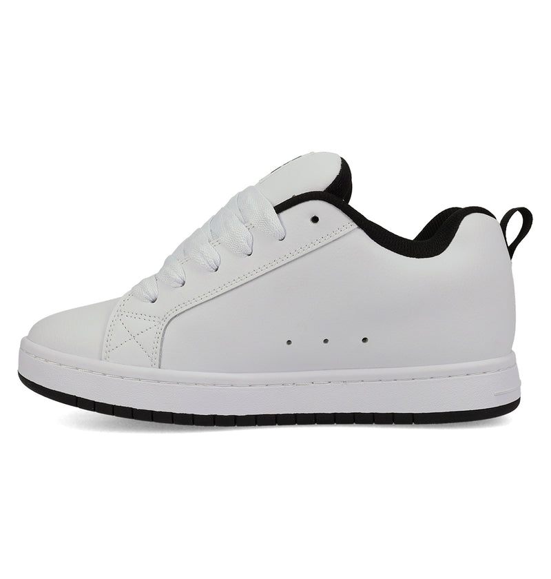The Men's Court Graffik Shoes by DC Shoes are white low-top sneakers with white laces, a black inner lining, and a black heel pull tab. Their puffy silhouette is inspired by the classic Court Graffik style, shown from the side against a white background.
