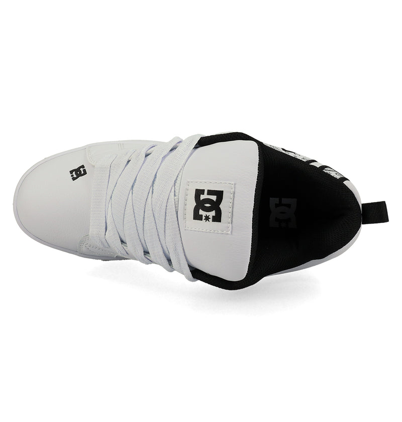 Top view of the Men's Court Graffik Shoes by DC Shoes, featuring a white puffy silhouette, black interior, white laces, and DC branding on the tongue and inner heel.