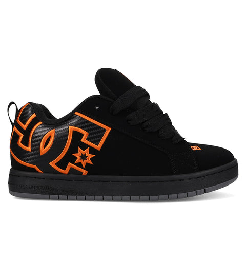 The Men's Court Graffik Shoes by DC Shoes are black skate shoes with a classic puffy silhouette, thick soles, and bold orange DC logos on the side, heel, and near the toe.