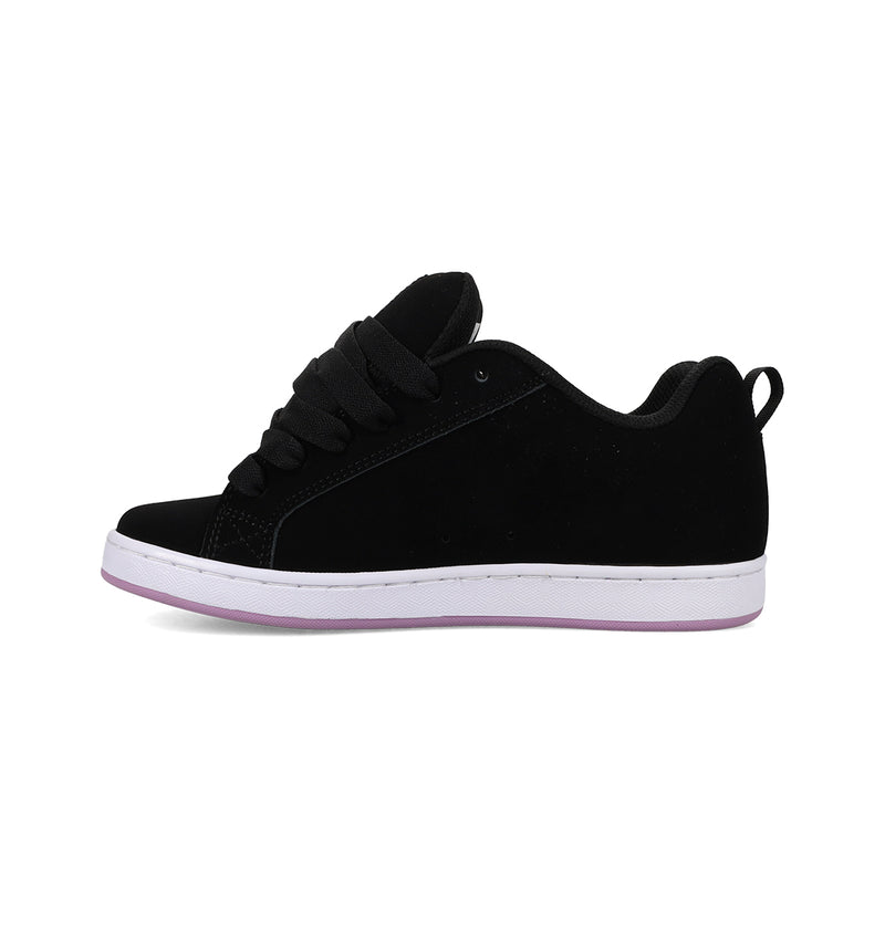 The Women's Court Graffik Shoes by DC Shoes are black low-top sneakers with black laces, a white sole, and a light purple outer edge. This chunky style is shown in side profile against a plain white background.