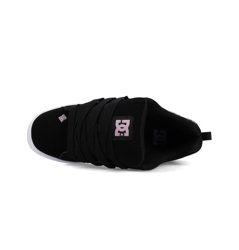 The DC Shoes Women's Court Graffik Shoes are black sneakers with black laces, a chunky white sole, and a lavender logo on the tongue and side—delivering retro '90s style from above.
