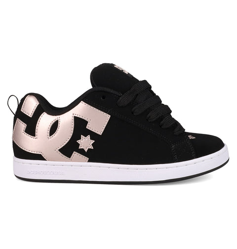 The Women's Court Graffik Shoes by DC Shoes feature a puffy silhouette, large metallic rose gold DC logo with star detail, black laces, and a white rubber sole in a low-top design.