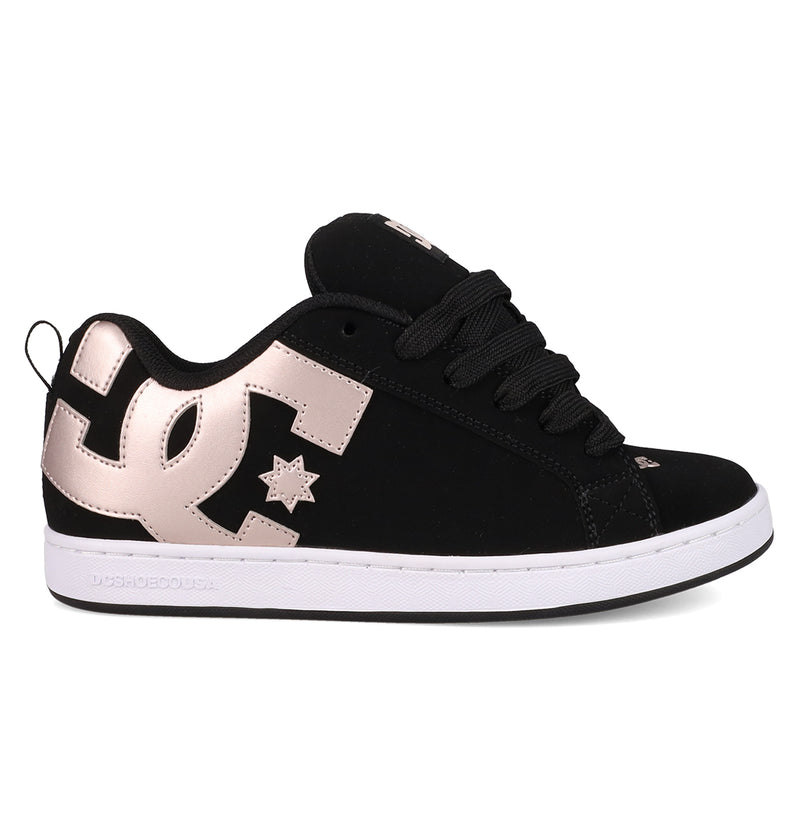 The Women's Court Graffik Shoes by DC Shoes feature a puffy silhouette, large metallic rose gold DC logo with star detail, black laces, and a white rubber sole in a low-top design.