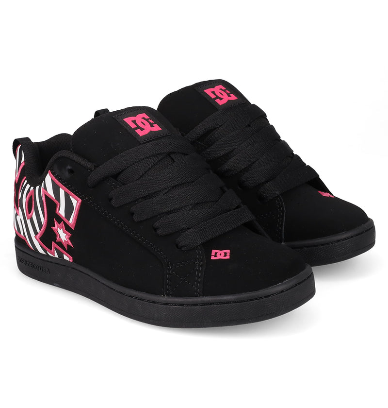 A pair of black Women's Court Graffik Shoes by DC Shoes with a puffy silhouette, thick black laces, pink and white graphics, and the iconic DC logo on the sides, tongue, and toe, displayed on a white background.