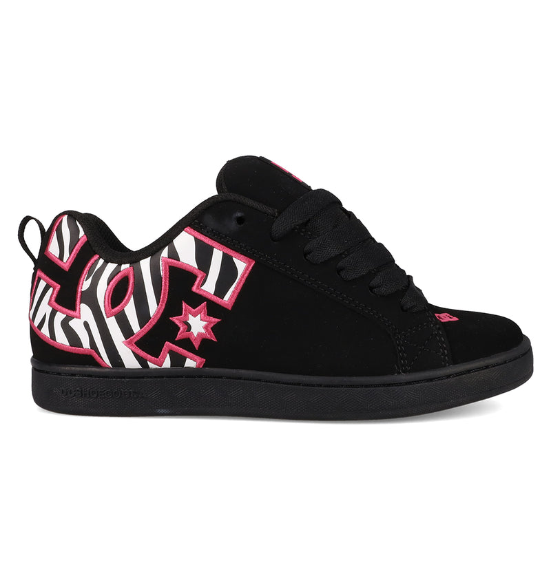 The DC Shoes Women's Court Graffik Shoes are black skate shoes with a puffy silhouette, black laces, a bold zebra stripe pattern, and pink DC logo and accents on the tongue and heel.