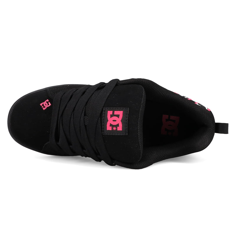 Top view of the Women's Court Graffik Shoes by DC Shoes, featuring a black design with thick black laces, pink DC logos on tongue and heel, padded collar, puffy silhouette, and back pull tab.