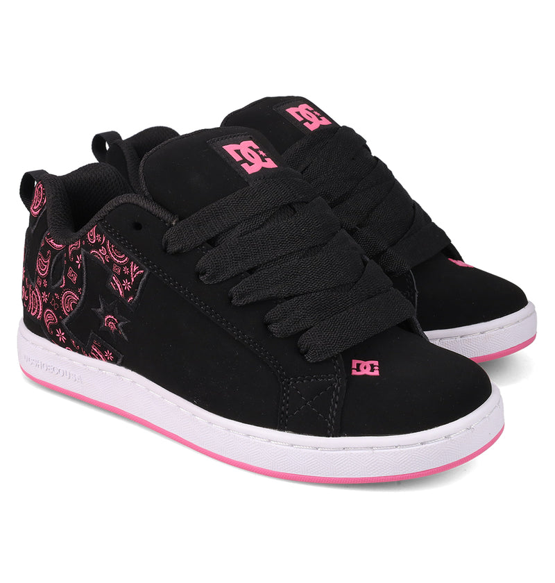 The Women's Court Graffik Shoes by DC Shoes feature a classic black puffy silhouette, thick laces, pink accents, white soles with pink trim, a patterned pink side design, and the DC logo in pink on the tongue and side.