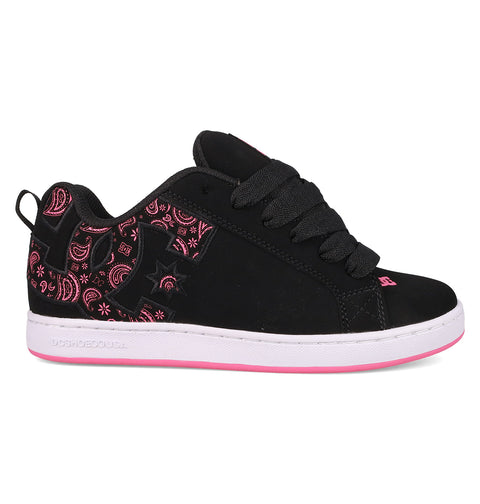 The DC Shoes Women's Court Graffik features a black puffy silhouette, pink paisley and celestial designs on the heel and side, thick black laces, a white sole with pink accents, and a bold DC logo.