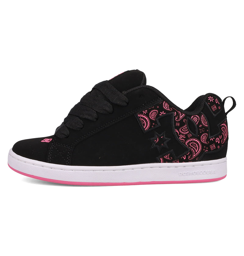 The Women's Court Graffik Shoes by DC Shoes feature a puffy black silhouette with thick black laces, pink paisley side and heel accents, a bold DC logo, and a white sole highlighted with pink.
