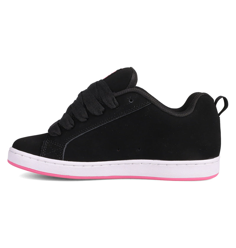 The DC Shoes Women's Court Graffik Shoes feature a black low-top puffy silhouette, thick black laces, white midsole, pink outsole, and iconic DC logo—displayed in side profile on a plain white background.