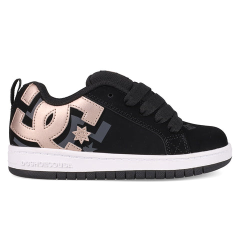 The Kids' Court Graffik Shoes by DC Shoes feature a black puffy silhouette, thick black laces, white sole, metallic rose gold DC logo with star detail on the side, and DCSHOECOUSA embossed above the sole.