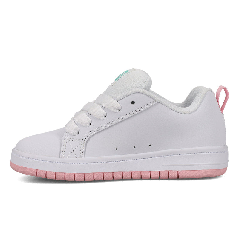 The DC Shoes Kids' Court Graffik Shoes are white sneakers with a thick sole, white laces, small side perforations, and pink outsole and heel tab, shown from the side against a white background.