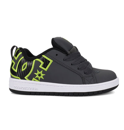 Gray sneaker with black and yellow logo on a white background