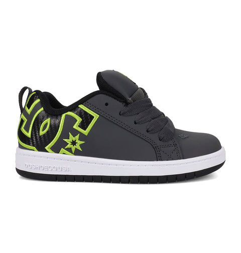 Introducing the DC Shoes Kids’ Court Graffik Shoes—a black and gray skate shoe highlighted by thick black laces, a crisp white sole, and neon yellow-green accents, including a bold star and large stylized lettering on the side. Designed with lightweight cushioning for added comfort and rubber details for superior impact absorption as your child rides.