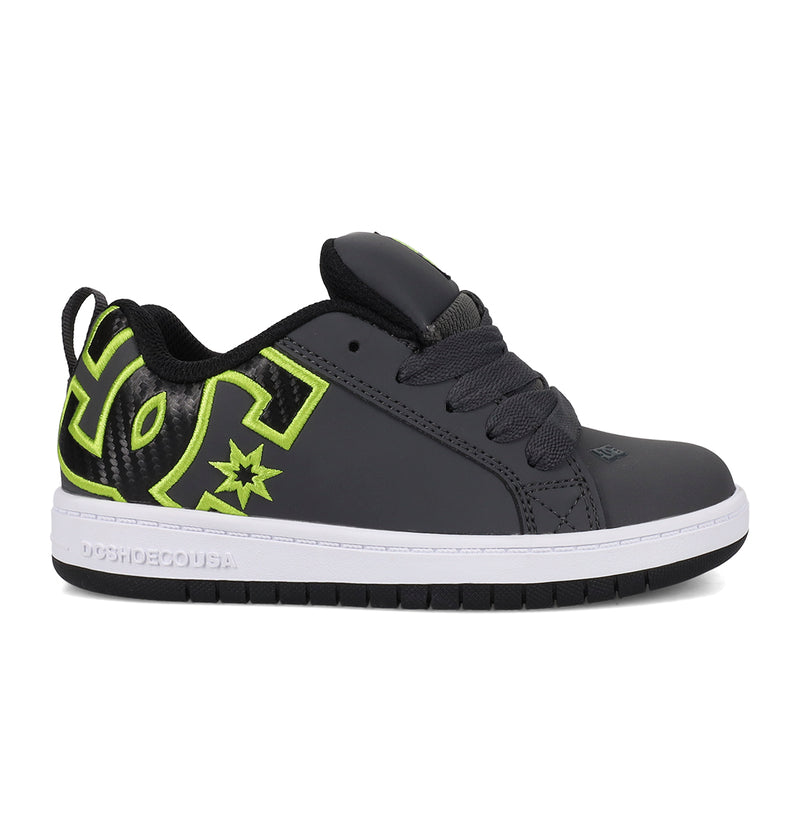 Introducing the DC Shoes Kids’ Court Graffik Shoes—a black and gray skate shoe highlighted by thick black laces, a crisp white sole, and neon yellow-green accents, including a bold star and large stylized lettering on the side. Designed with lightweight cushioning for added comfort and rubber details for superior impact absorption as your child rides.