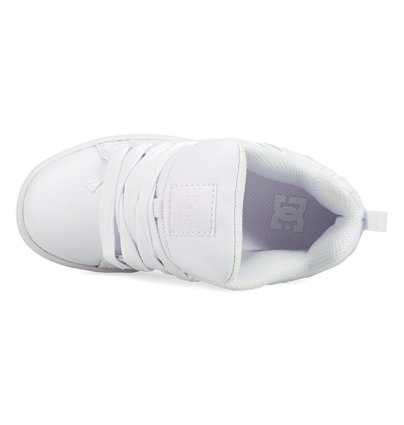 Top view of the Kids' Court Graffik Shoes by DC Shoes in white, featuring white laces, padded tongue with loop at the heel, and DC Shoes logos on the tongue and insole—ideal for skate-inspired looks.