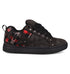 The DC Shoes Men's Court Graffik SE Shoes feature a black puffy silhouette, rubber sole, black laces, silver studs on the lace line, and a bold red and black plaid side panel with a large DC logo.