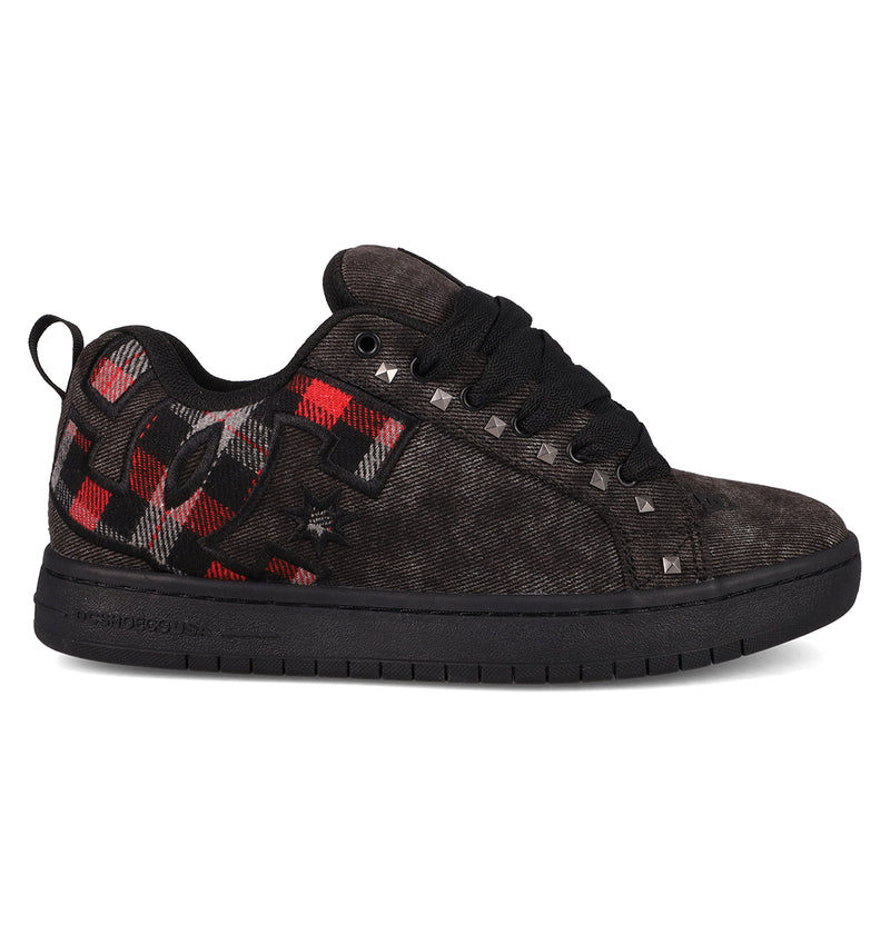 The DC Shoes Men's Court Graffik SE Shoes feature a black puffy silhouette, rubber sole, black laces, silver studs on the lace line, and a bold red and black plaid side panel with a large DC logo.