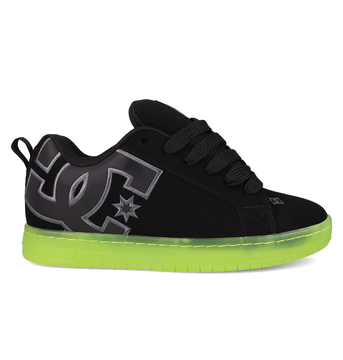 The DC Shoes Men's Court Graffik SE features a puffy black silhouette, premium uppers, oversized gray DC logo on the side, thick black laces, and a vibrant neon green semi-translucent sole.