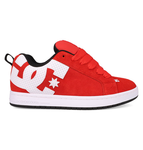 The Men's Court Graffik SE Shoes by DC Shoes feature a red and white puffy silhouette, thick white sole, bold DC logo on the side, red laces, and black accents at the heel and ankle.