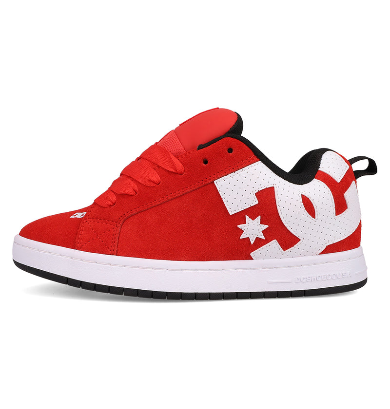 The Men's Court Graffik SE Shoes by DC Shoes feature a red suede upper, puffy silhouette, white sole, black inner lining, large white DC logo on the side, and red laces—offering premium materials for lasting wear.