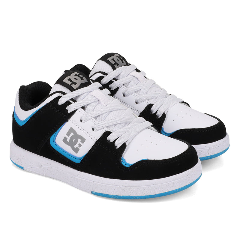 A pair of DC Shoes Cure skate shoes by DC Shoes featuring black uppers, white laces, blue accents, and a grey DC logo on the side.