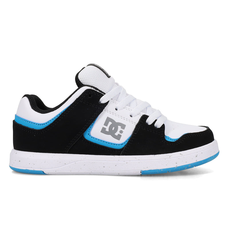 The DC Shoes Cure by DC Shoes is a low-top skate shoe in black, white, and blue with white laces, a thick speckled white sole, and the DC logo on the side.