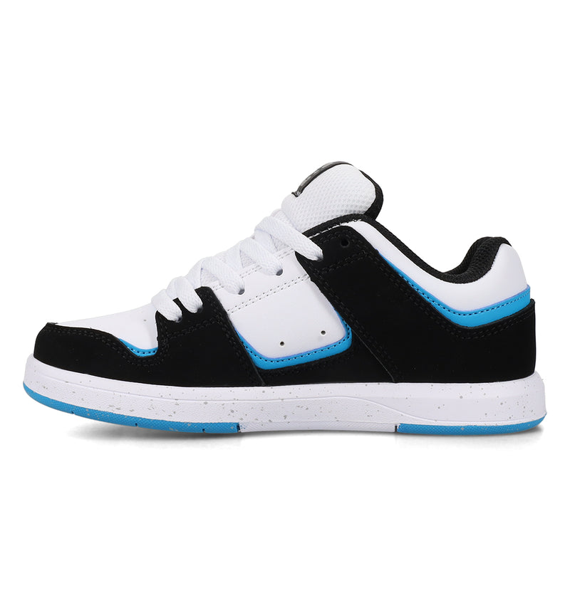 The DC Shoes Cure by DC Shoes is a black, white, and blue low-top sneaker with white laces, a speckled white sole, and black and blue accents on the side and heel, shown from the side on a plain white background.