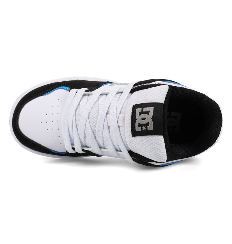 Top view of the DC Shoes Cure sneaker by DC Shoes, featuring white, black, and blue colors, white laces, a perforated toe box, and the DC logo on the tongue.