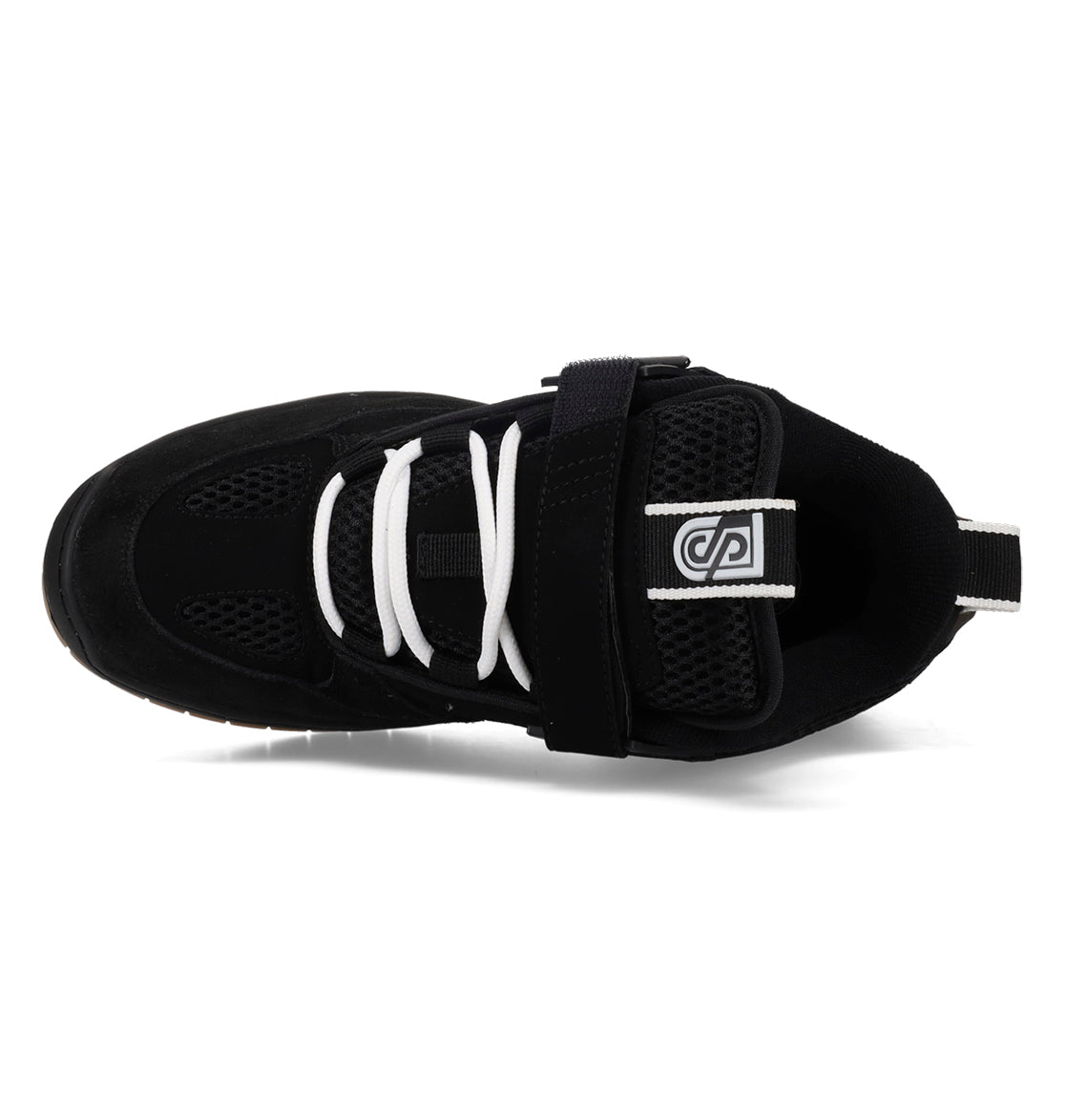 Black athletic shoe with white laces on a white background