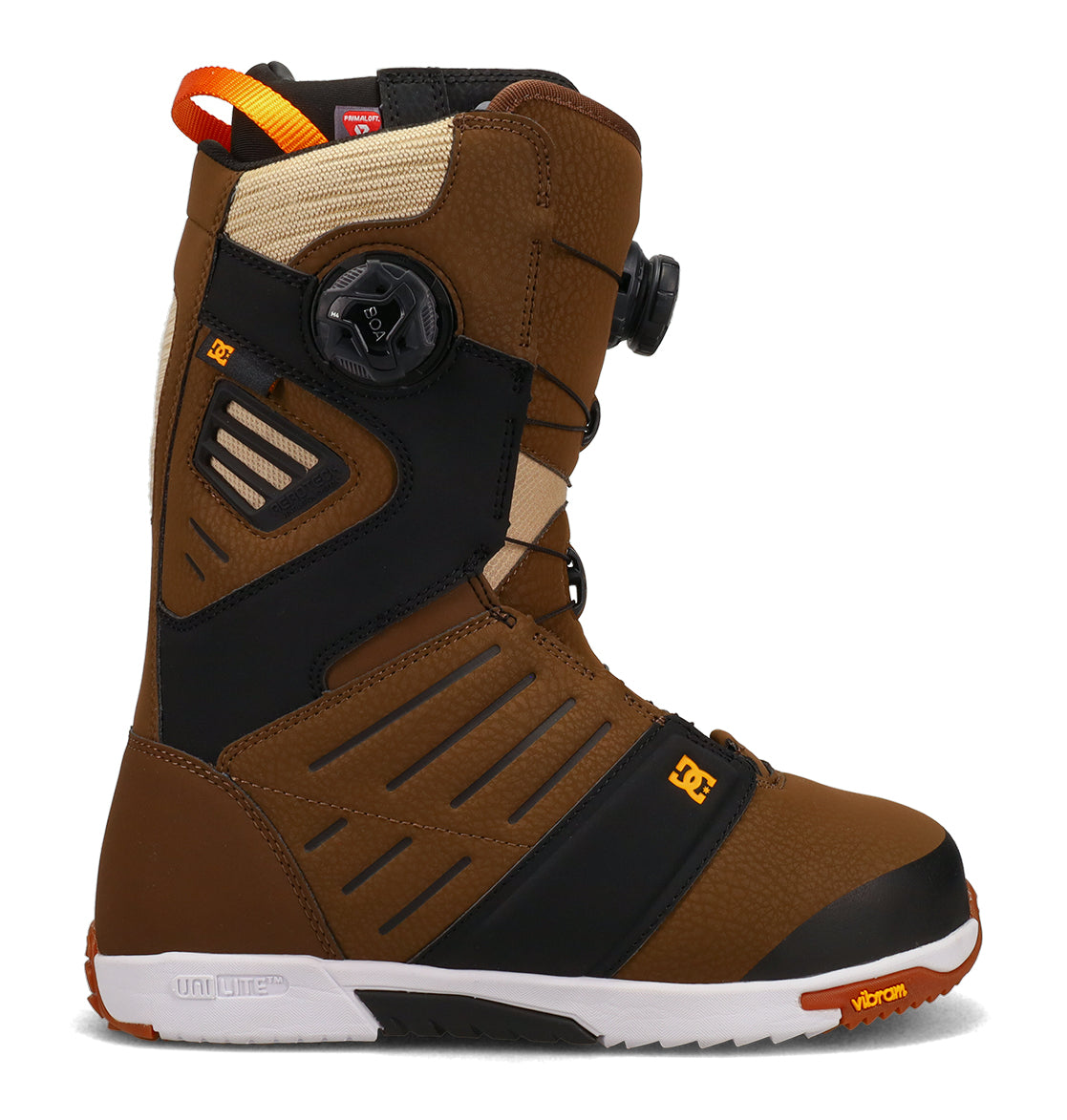 The Men’s Judge Snowboard Boots by DC Shoes are durable brown and black boots designed for men, featuring an orange pull tab, white sole, black tread, and advanced BOA dial lacing system for superior support. Visible DC Shoes logos can be found on the side, heel, and outsole.