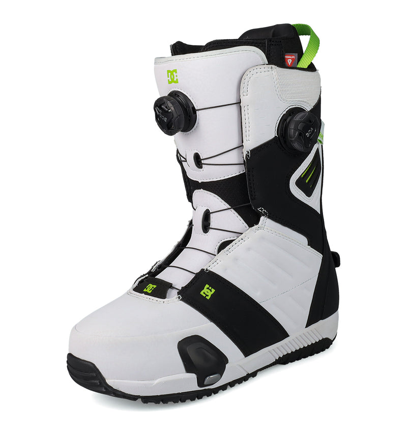The DC Shoes Men's Judge Step On® Snowboard Boots feature a white and black design with green accents, advanced dual-dial BOA Fit System lacing, and a durable sole.