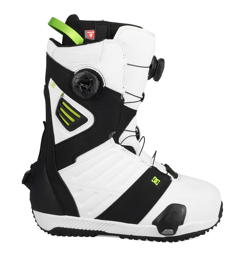 Men’s Judge Step On® Snowboard Boots in white and black, featuring a dual-dial BOA Fit System and lime green accents.