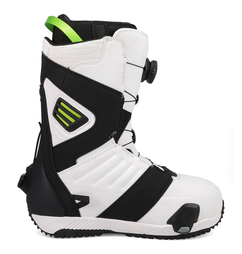 A profile view of the DC Shoes Men's Judge Step On® Snowboard Boots in white and black with green accents, featuring the BOA Fit System dial lacing, displayed on a plain white background.
