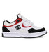A men’s skate shoe from DC Shoes, the Kalynx Zero features a white upper with black and red accents, black-edged soles, white laces, and a black DC Shoes logo on the side. The shoe is displayed in profile against a white background.