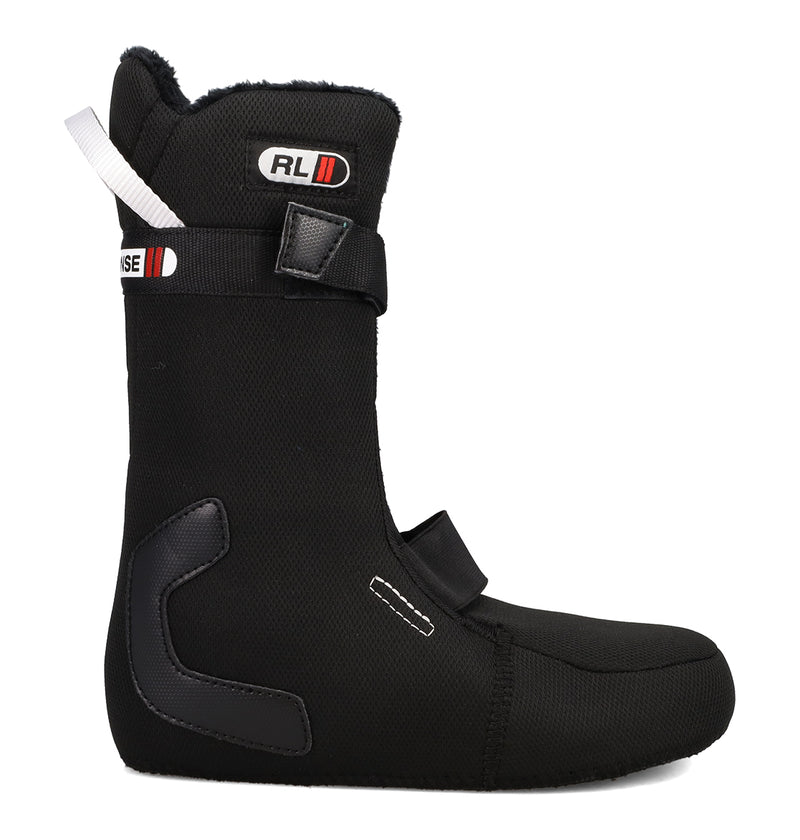 Black R2 liner of the DC Shoes Women’s Lotus Snowboard Boots, featuring a hook-and-loop ankle strap, a rear pull tab, and a Dual Zone BOA Fit System.