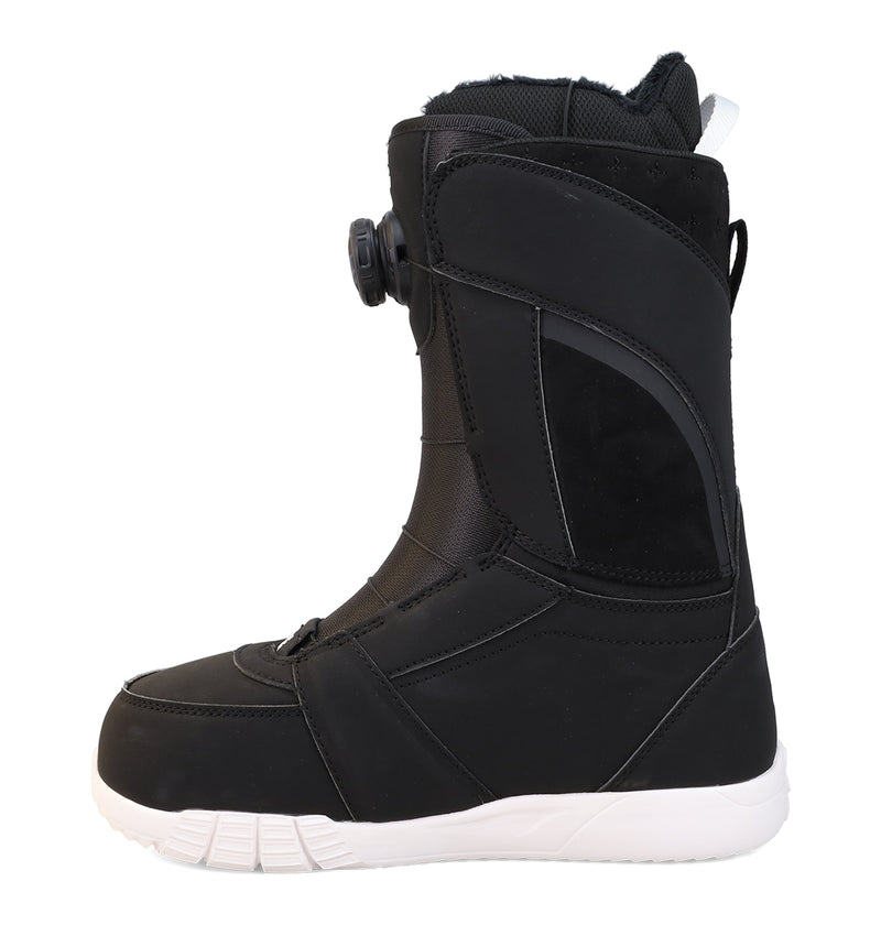 Black DC Shoes Women’s Lotus Snowboard Boots with a Dual Zone BOA Fit System, side-mounted dial, and a white Unilite outsole.