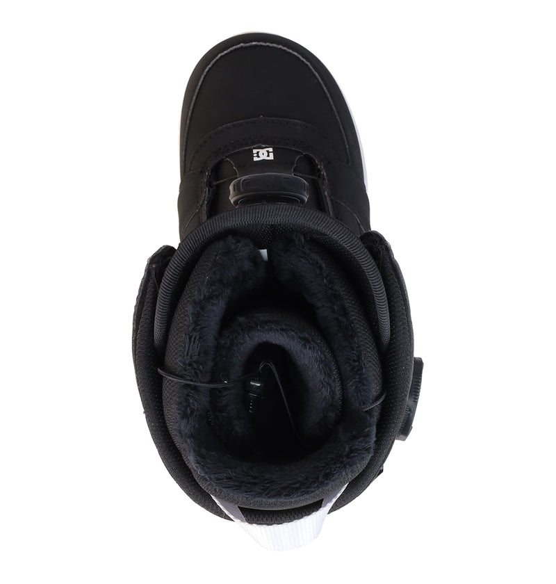Top-down view of a black Women’s Lotus Snowboard Boot by DC Shoes, featuring a faux-fur lining, R2 liner, and a Dual Zone BOA Fit System.