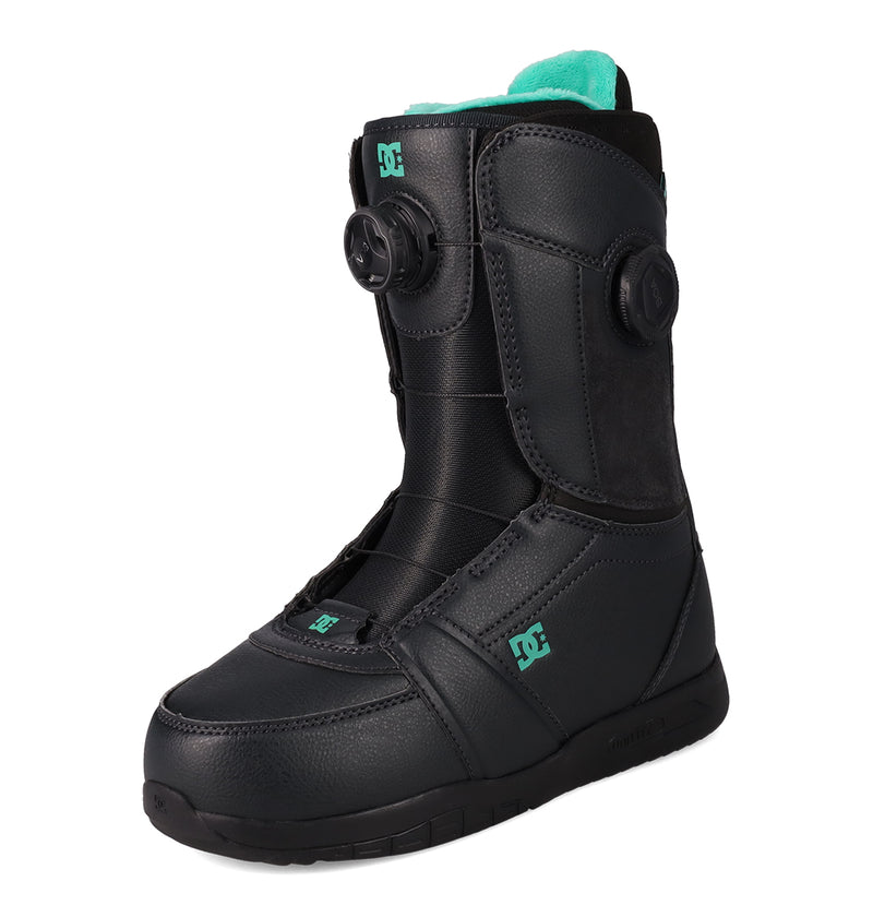 The DC Shoes Women's Lotus Dk Snowboard Boots are black with teal accents, featuring a Dual Zone BOA Fit System for precise tightening, a premium R2 liner for exceptional comfort, and a padded interior. The boots are displayed on a white background.