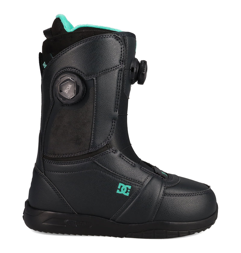 Black Women’s Lotus Dk Snowboard Boots by DC Shoes with a Dual Zone BOA Fit System, teal interior R2 liner, and Unilite outsole.