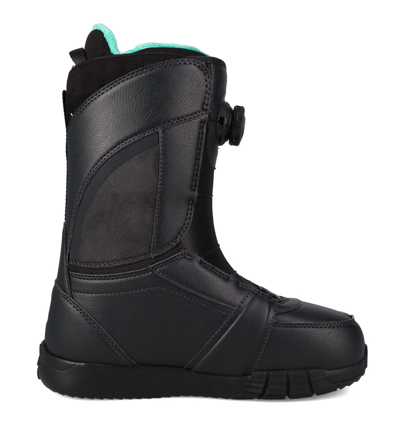 A side view of the DC Shoes Women's Lotus Dk Snowboard Boots in black, showcasing a textured surface, durable sole, Dual Zone BOA Fit System for precise adjustment, and an R2 liner for enhanced comfort, set against a white background.