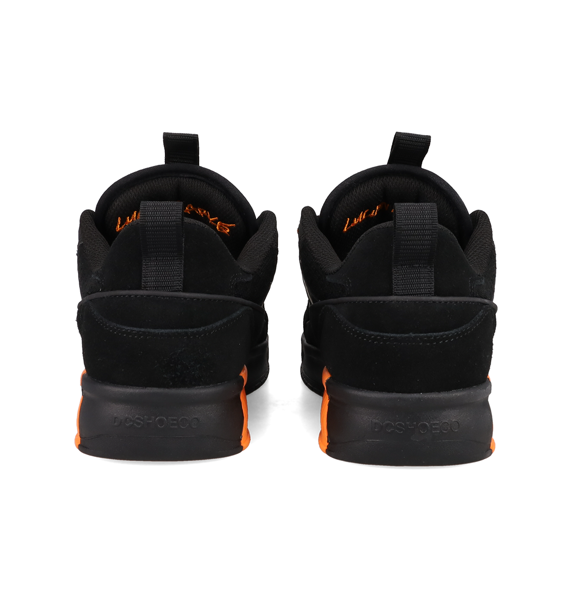 Black sneakers with orange accents on a white background